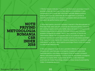 NOTE
PRIVIND
METODOLOGIA
ROMANIA
CSR
INDEX
2018
05
1. Pentru fiecare indicator inclus in cele 9 sectiuni, punctajul maxim
acordat a fost de 2 puncte si a fost obtinut in conditiile in care
compania a comunicat atat informatii textuale despre politica,
analiza riscurilor sau sistemele de management cu privire la
dezvoltarea durabila cat si despre rezultatele obtinute folosind
indicatori de performanta cantitativi.
2. Punctajul pentru anumiti indicatori, marcati in fisa de evaluare ca
fiind optionali, este calculat in functie de relevanta pentru industria
din care face parte compania. Astfel, daca cel putin o companie din
industria respectiva a publicat informatii despre acel indicator,
aceasta companie primeste 1 punct sau 2 puncte, in functie de
informatiile oferite, iar companiile care nu au publicat date nu
primesc puncte, deci sunt depunctate cand se calculeaza punctajul
final. Daca nicio companie din industria respectiva nu a publicat date,
indicatorul nu se ia in calcul pentru punctajul final si nicio companie
nu este astfel depunctata.
3. Fiecare categorie in parte are o pondere diferita in functie de
industria din care face parte compania. Aceasta pondere este
esentiala pentru calcularea punctajului final al fiecarei companii.
Pentru calcularea ponderilor s-a tinut cont de rezultatele sondajului
efectuat in martie 2018, in proportie de 50%, si de informatii
publicate de Global Reporting Initiative si Dow Jones Sustainability
Index, in proportie de 50%.
Romania CSR Index 2018 www.theazores.ro
 