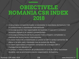 OBIECTIVELE
ROMANIA CSR INDEX
2018
08
A recunoaste companiile leader si trendsetter in abordarea domeniului CSR
in conformitate cu standarde internationale
A incuraja practici mai responsabile de business, in special in contextul
revolutiei digitale si al cresterii competitivitatii
A incuraja schimburile de bune practici intre companii, completate cu
exemple de bune practici internationale
A creste nivelul de constientizare cu privire la CSR in randul oamenilor de
afaceri si al altor parti interesate care au putere de decizie
A creste capacitatea companiilor romanesti de a integra CSR in
managementul afacerilor lor
A construi o retea puternica de profesionisti in zona de CSR si dezvoltare
durabila care sa promoveze practici responsabile de business
Romania CSR Index 2018 www.theazores.ro
 