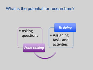 What is the potential for researchers?



                              To doing
       • Asking
         questions       • Assigning
                           tasks and
                           activities
          From talking
 