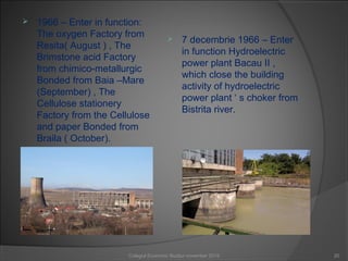  1966 – Enter in function:
The oxygen Factory from
Resita( August ) , The
Brimstone acid Factory
from chimico-metallurgic
Bonded from Baia –Mare
(September) , The
Cellulose stationery
Factory from the Cellulose
and paper Bonded from
Braila ( October).
 7 decembrie 1966 – Enter
in function Hydroelectric
power plant Bacau II ,
which close the building
activity of hydroelectric
power plant ‘ s choker from
Bistrita river.
20Colegiul Economic Buzău/ november 2015
 
