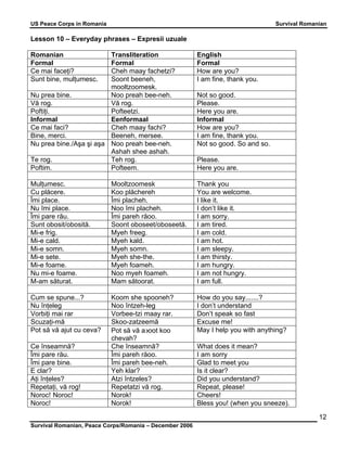 US Peace Corps in Romania Survival Romanian 
Survival Romanian, Peace Corps/Romania – December 2006 
12 
Lesson 10 – Everyday phrases – Expresii uzuale 
Romanian Transliteration English 
Formal Formal Formal 
Ce mai faceţi? Cheh maay fachetzi? How are you? 
Sunt bine, mulţumesc. Soont beeneh, 
mooltzoomesk. 
I am fine, thank you. 
Nu prea bine. Noo preah bee-neh. Not so good. 
Vă rog. Vă rog. Please. 
Poftiţi. Pofteetzi. Here you are. 
Informal Eenformaal Informal 
Ce mai faci? Cheh maay fachi? How are you? 
Bine, merci. Beeneh, mersee. I am fine, thank you. 
Nu prea bine./Aşa şi aşa Noo preah bee-neh. 
Ashah shee ashah. 
Not so good. So and so. 
Te rog. Teh rog. Please. 
Poftim. Pofteem. Here you are. 
Mulţumesc. Mooltzoomesk Thank you 
Cu plăcere. Koo plăchereh You are welcome. 
Îmi place. Îmi placheh. I like it. 
Nu îmi place. Noo îmi placheh. I don’t like it. 
Îmi pare rău. Îmi pareh răoo. I am sorry. 
Sunt obosit/obosită. Soont oboseet/oboseetă. I am tired. 
Mi-e frig. Myeh freeg. I am cold. 
Mi-e cald. Myeh kald. I am hot. 
Mi-e somn. Myeh somn. I am sleepy. 
Mi-e sete. Myeh she-the. I am thirsty. 
Mi-e foame. Myeh foameh. I am hungry. 
Nu mi-e foame. Noo myeh foameh. I am not hungry. 
M-am săturat. Mam sătoorat. I am full. 
Cum se spune...? Koom she spooneh? How do you say.......? 
Nu înţeleg Noo întzeh-leg I don’t understand 
Vorbiţi mai rar Vorbee-tzi maay rar. Don’t speak so fast 
Scuzaţi-mă Skoo-zatzeemă Excuse me! 
Pot să vă ajut cu ceva? Pot să vă a∋oot koo 
chevah? 
May I help you with anything? 
Ce înseamnă? Che înseamnă? What does it mean? 
Îmi pare rău. Îmi pareh răoo. I am sorry 
Îmi pare bine. Îmi pareh bee-neh. Glad to meet you 
E clar? Yeh klar? Is it clear? 
Aţi înţeles? Atzi întzeles? Did you understand? 
Repetaţi, vă rog! Repetatzi vă rog. Repeat, please! 
Noroc! Noroc! Norok! Cheers! 
Noroc! Norok! Bless you! (when you sneeze). 
 