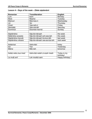 US Peace Corps in Romania Survival Romanian 
Survival Romanian, Peace Corps/Romania – December 2006 
6 
Lesson 4 – Days of the week – Zilele săptămânii 
Romanian Transliteration English 
Luni looni Monday 
Marţi Maartzi Tuesday 
Miercuri Mier-koo-ri Wednesday 
Joi Зoi Thursday 
Vineri Vee-neh-ri Friday 
Sâmbătă Sâm-bă-tăh Saturday 
Duminică Doomee-nee-kă Sunday 
Săptămâna Săp-tă-mânaah the week 
Sătămâna aceasta Săp-tă-mânaah ach-eas-tah this week 
Săptămâna trecută Săp-tă-mânaah tre-koo-tăh last week 
Săptămâna viitoare Săp-tă-mânaah vee-ee-toa-reh next week 
Astăzi/azi Aahs-tăzi today 
Ieri Yeri Yesterday 
Mâine Mâi-neh tomorrow 
Astăzi este ziua mea! Aahs-tăzi esteh zi-ooah meah Today is my 
birthday! 
La mulţi ani! Lah mooltzi aani Happy birthday! 
 