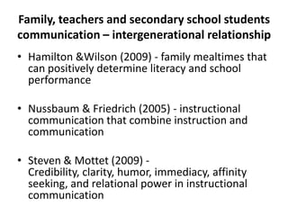 Family, teachers and secondary school students
communication – intergenerational relationship
• Hamilton &Wilson (2009) - family mealtimes that
can positively determine literacy and school
performance
• Nussbaum & Friedrich (2005) - instructional
communication that combine instruction and
communication
• Steven & Mottet (2009) Credibility, clarity, humor, immediacy, affinity
seeking, and relational power in instructional
communication

 