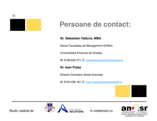 +
Persoane de contact:!
Dr. Sebastian Văduva, MBA!
Decan Facultatea de Management Grifﬁths!
Universitatea Emanuel din Oradea !
M: 0746-032 571, E: sebastianvaduva@emanuel.ro !

Dr. Ioan Fotea!
Director Cercetare Soluții Avansate !
M: 0745-238 181, E: ioan.fotea@solutiiavansate.ro !

Studiu realizat de

în colaborare cu!

 