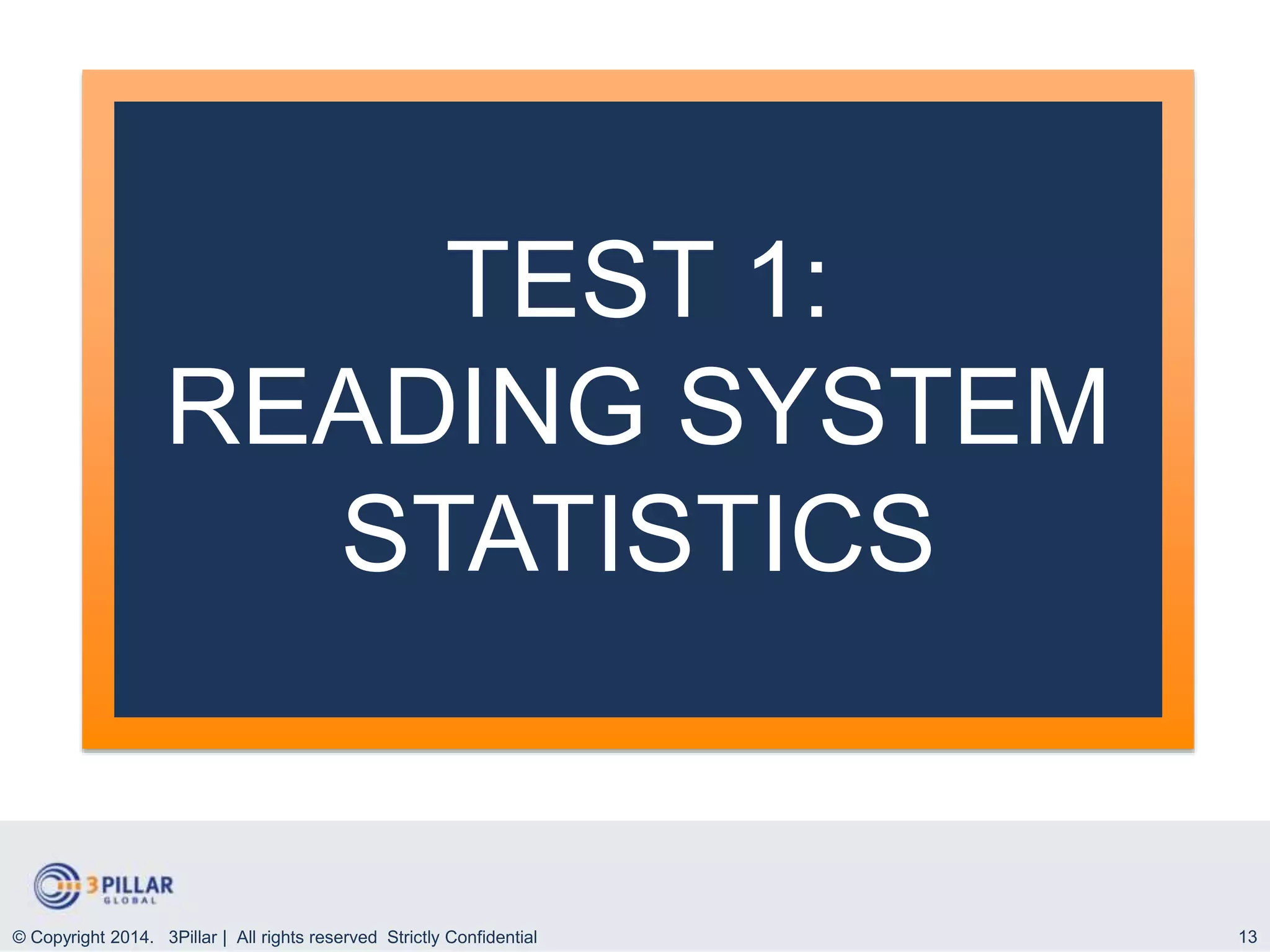 13
TEST 1:
READING SYSTEM
STATISTICS
© Copyright 2014. 3Pillar | All rights reserved Strictly Confidential
 