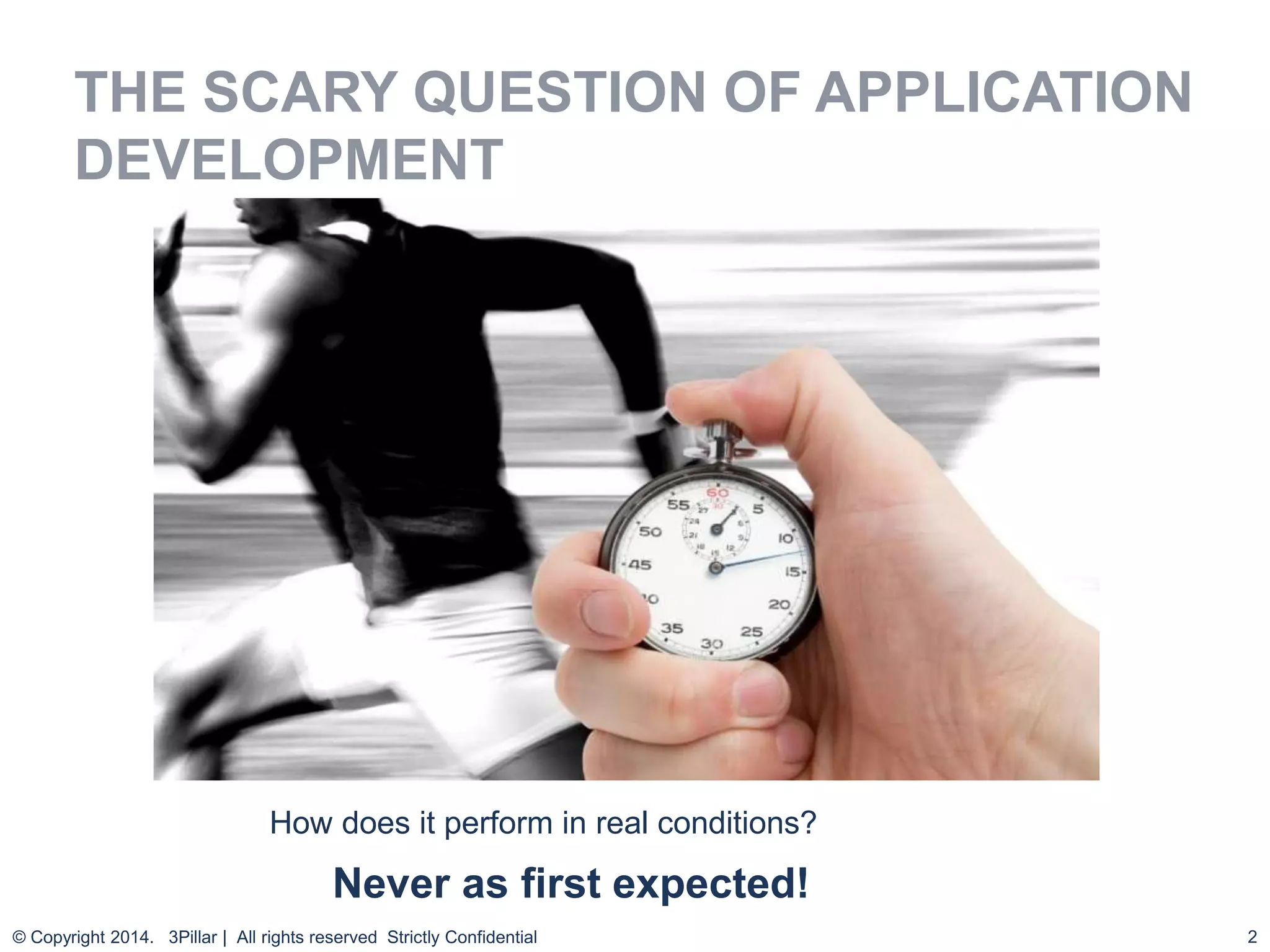 2
THE SCARY QUESTION OF APPLICATION
DEVELOPMENT
© Copyright 2014. 3Pillar | All rights reserved Strictly Confidential
How does it perform in real conditions?
Never as first expected!
 