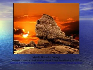 Marele Sfinx din Bucegi
Este un bloc mare de piatră situat pe platoul Bucegi, la o altitudine de 2216 m.
(Măsoară 8 m înălţime şi 12 m lăţime. Are aceeaşi înălţime cu Sfinxul Egiptean.)
 