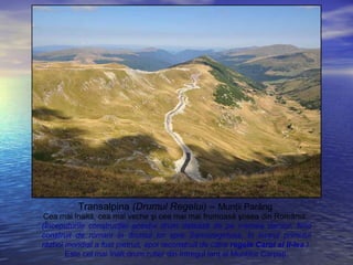 Transalpina (Drumul Regelui) – Munţii Parâng
Cea mai înaltă, cea mai veche şi cea mai mai frumoasă şosea din România.
(Începuturile construcţiei acestui drum datează de pe vremea dacilor, fiind
construit de romani în drumul lor spre Sarmizegetusa. În timpul primului
război mondial a fost pietruit, apoi reconstruit de către regele Carol al II-lea.)
Este cel mai înalt drum rutier din întregul lanţ al Munţilor Carpaţi.
 