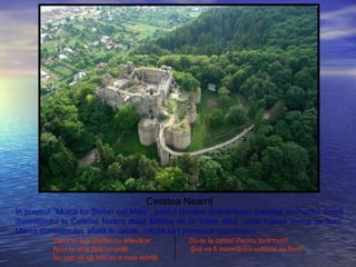 Cetatea Neamţ
În poemul ”Muma lui Ştefan cel Mare”, poetul Dimitrie Bolintineanu prezintă momentul sosirii
domnitorului la Cetatea Neamţ după Bătălia de la Valea Albă, unde fusese învins de turci.
Mama domnitorului, aflată în cetate, refuză să-l primescă spunându-i:
“Dacă tu eşti Ştefan cu adevărar, Du-te la oştire! Pentru ţară mori!
Apoi tu aice fără biruinţă Şi-ţi va fi mormântul coronat cu flori!”
Nu poţi ca să intri cu a mea voinţă.
 