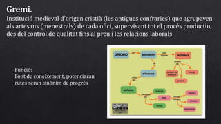 Gremi.
Institució medieval d'origen cristià (les antigues confraries) que agrupaven
als artesans (menestrals) de cada ofici, supervisant tot el procés productiu,
des del control de qualitat fins al preu i les relacions laborals
Funció:
Font de coneixement, potenciaran
rutes seran sinònim de progrés
 