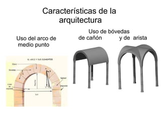 Características de la
arquitectura
Uso del arco de
medio punto
Uso de bóvedas
de cañón y de arista
 