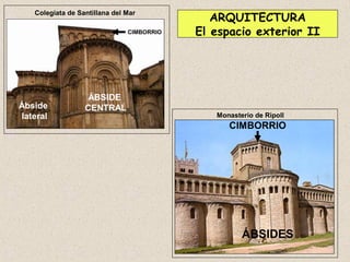 ARQUITECTURA
   Colegiata de Santillana del Mar

                               CIMBORRIO   El espacio exterior II




                   ÁBSIDE
Ábside            CENTRAL
lateral                                       Monasterio de Ripoll
                                                 CIMBORRIO




                                                     ÁBSIDES
 
