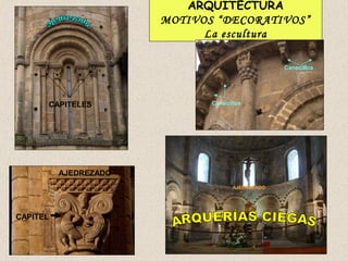 ARQUITECTURA
                         MOTIVOS “DECORATIVOS”
                               La escultura

                                                    Canecillos




          CAPITELES             Canecillos




            AJEDREZADO
                                       AJEDREZADO




CAPITEL
 