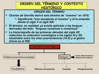 ORIGEN DEL TÉRMINO Y CONTEXTO
                       HISTÓRICO
                        ORIGEN DEL TÉRMINO
  Charles de Gerville derivó este término de “romano” en 1818.
          Significaría “arte semejante al romano” y él lo extendía
           desde el siglo V al siglo XIII.
  El término, en realidad, ya existía aplicado a las lenguas
   derivadas del latín: “lenguas romances o románicas”
  La historiografía de las primeras décadas del siglo XX
   reducirían su extensión cronológica a los siglos XI y XII,
   situándolo entre los artes prerrománicos (VI-X) y el gótico
   (inicio en el XIII)

                      CONTEXTO HISTÓRICO


                                                                 Factor determinante en
Política-economía-sociedad                          Religión     difusión del románico




      Feudalismo             Reforma cluniaciense     Cruzadas     Peregrinaciones
 