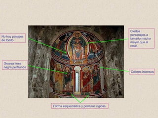Ciertos
                                                           personajes a
No hay paisajes
                                                           tamaño mucho
de fondo
                                                           mayor que el
                                                           resto




 Gruesa línea
 negra perfilando
                                                           Colores intensos




                    Forma esquemática y posturas rígidas
 