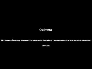 Quimera   En la mitología griega, monstruo que vagaba por Asia Menor,  aterrorizando a las poblaciones y engullendo animales. 