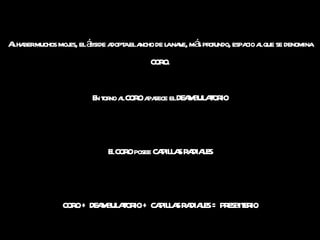 Al haber muchos mojes, el ábside adopta el ancho de la nave, más profundo, espacio al que se denomina CORO. En torno al CORO aparece el DEAMBULATORIO El CORO posee CAPILLAS RADIALES CORO + DEAMBULATORIO + CAPILLAS RADIALES = PRESBITERIO 