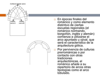  En épocas finales del
románico y como elemento
distintivo de ciertas
escuelas regionales (el
románico normando,
borgoñón, inglés y alemán)
comienza a utilizarse el
arco apuntado u ojival, que
será el característico de la
arquitectura gótica.
 Por pervivencia de culturas
prerrománicas o por
contacto con otras
tradiciones
arquitectónicas, el
románico añade a su
repertorio de arcos otras
tipologías como el arco
lobulado.
 