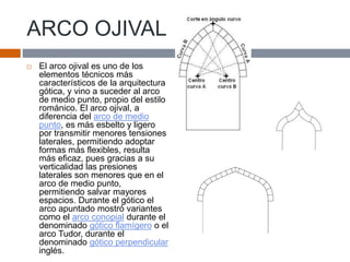 ARCO OJIVAL
 El arco ojival es uno de los
elementos técnicos más
característicos de la arquitectura
gótica, y vino a suceder al arco
de medio punto, propio del estilo
románico. El arco ojival, a
diferencia del arco de medio
punto, es más esbelto y ligero
por transmitir menores tensiones
laterales, permitiendo adoptar
formas más flexibles, resulta
más eficaz, pues gracias a su
verticalidad las presiones
laterales son menores que en el
arco de medio punto,
permitiendo salvar mayores
espacios. Durante el gótico el
arco apuntado mostró variantes
como el arco conopial durante el
denominado gótico flamígero o el
arco Tudor, durante el
denominado gótico perpendicular
inglés.
 