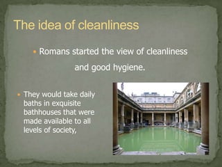 Ideas cont.Where would we be without our calendar? Well, the Romans came up with the Julian calendar that had 12 months and 365 days in a year, with a leap year every four years. The more accurate Gregorian calendar eventually took over, but is nearly identical. Roman numerals were used for counting and originated from notches taken on counting sticks. This system of numbers is still found in clocks and calendars today.