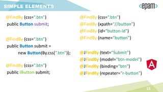 SIMPLE ELEMENTS
@FindBy (css=“.btn”)
public Button submit;
15
@FindBy (css=“.btn”)
@FindBy (xpath=“//button”)
@FindBy (id=“button-id”)
@FindBy (name=“button”)@FindBy (css=“.btn”)
public Button submit =
new Button(By.css(“.btn”));
@FindBy (css=“.btn”)
public IButton submit;
@JFindBy (text=“Submit”)
@JFindBy (model=“btn-model”)
@JFindBy (binding=“btn”)
@JFindBy (repeater=“r-button”)
 