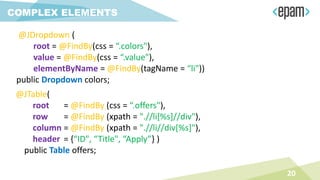 COMPLEX ELEMENTS
@JDropdown (
root = @FindBy(css = “.colors"),
value = @FindBy(css = “.value"),
elementByName = @FindBy(tagName = “li"))
public Dropdown colors;
@JTable(
root = @FindBy (css = “.offers"),
row = @FindBy (xpath = ".//li[%s]//div"),
column = @FindBy (xpath = ".//li//div[%s]"),
header = {“ID", “Title", “Apply”} )
public Table offers;
20
 