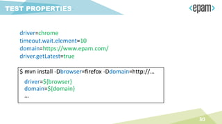 $ mvn install -Dbrowser=firefox -Ddomain=http://…
driver=${browser}
domain=${domain}
…
30
TEST PROPERTIES
driver=chrome
timeout.wait.element=10
domain=https://www.epam.com/
driver.getLatest=true
 