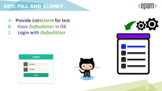 EDT: FILL AND SUBMIT
37
 Provide List<User> for test
0. Have DefaultUser in DB
1. Login with DefaultUser
 