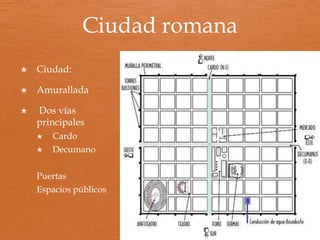 Administración
 Administración territorial
 Provincia: Gobernador al mando de cada
provincia (pretor o procónsul) Le asiste un
questor ( encargado del cobro de impuestos).
 Conventus: subdivisión territorial de las
provincias para facilitar la administración de
justicia, la recaudación de impuestos o las levas
militares.
 Civitates: ciudades. Formadas por un núcleo
urbano (urbs) y un territorio (propiedad privada
o comunal).
 