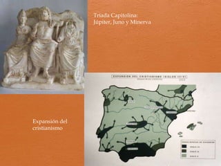 Economía romana
se basa en
Esclavitud Agricultura
Trilogía
mediterránea
Latifundios
Villas
Nuevas
técnicas:
. Barbecho
. Animales de
tiro
. Arado
Comercio
Roma
adquiere
materias
primas de las
provincias
Favorecido
por:
. Pax romana
. Uso moneda
común
. Vías de
comunicación
(terrestres y
marítimas)
 