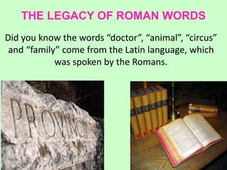 THE LEGACY OF ROMAN WORDS
Did you know the words “doctor”, “animal”, “circus”
and “family” come from the Latin language, which
was spoken by the Romans.
 