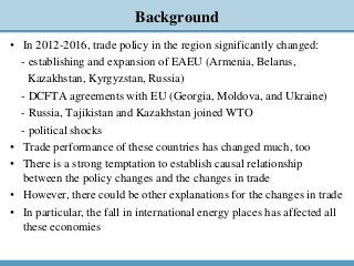 Background
• In 2012-2016, trade policy in the region significantly changed:
- establishing and expansion of EAEU (Armenia...