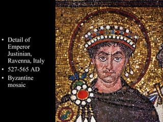 Detail of Emperor Justinian, Ravenna, Italy 527-565 AD Byzantine mosaic 