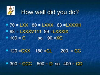 How well did you do?How well did you do?
 70 =70 = LXXLXX 80 =80 = LXXXLXXX 83 =83 =LXXXIIILXXXIII
 88 =88 = LXXXV111LXXXV111 89 =89 =LXXXIXLXXXIX
 100 =100 = CC so 90 =so 90 =XCXC
 120 =120 =CXXCXX 150 =150 =CLCL 200 =200 = CCCC
 300 =300 = CCCCCC 500 =500 = DD so 400 =so 400 = CDCD
 
