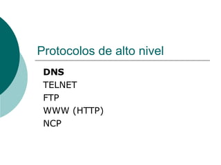 Protocolos de alto nivel DNS TELNET FTP WWW (HTTP) NCP 