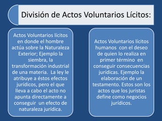 División de Actos Voluntarios Lícitos:

 Actos Voluntarios lícitos
    en donde el hombre        Actos Voluntarios lícitos
actúa sobre la Naturaleza     humanos con el deseo
    Exterior; Ejemplo la       de quien lo realiza en
         siembra, la             primer término en
transformación industrial    conseguir consecuencias
de una materia. La ley le       jurídicas. Ejemplo la
 atribuye a éstos efectos        elaboración de un
   jurídicos, pero el que    testamento. Estos son los
  lleva a cabo el acto no      actos que los juristas
 apunta directamente a         define como negocios
 conseguir un efecto de               jurídicos.
     naturaleza jurídica.
 
