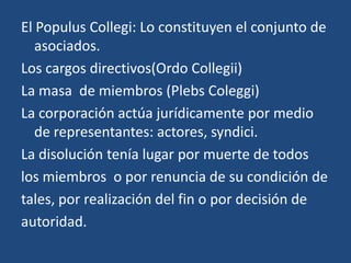 El Populus Collegi: Lo constituyen el conjunto de
   asociados.
Los cargos directivos(Ordo Collegii)
La masa de miembros (Plebs Coleggi)
La corporación actúa jurídicamente por medio
   de representantes: actores, syndici.
La disolución tenía lugar por muerte de todos
los miembros o por renuncia de su condición de
tales, por realización del fin o por decisión de
autoridad.
 