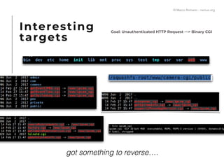 Interesting
targets
Goal: Unauthenticated HTTP Request —> Binary CGI
got something to reverse….
© Marco Romano - nemux.org
 