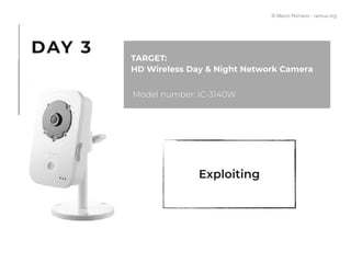 Exploiting
Model number: IC-3140W
TARGET:
HD Wireless Day & Night Network Camera
DAY 3
© Marco Romano - nemux.org
 