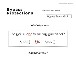 Bypass Stack ASLR
Goal: Find a stack pointer
…but she’s smart!
Bypass
Protections
Answer is “NO”
© Marco Romano - nemux.org
 