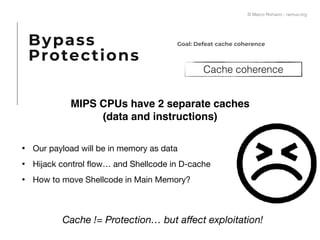 Cache coherence
Goal: Defeat cache coherence
MIPS CPUs have 2 separate caches
(data and instructions)
Cache != Protection… but aﬀect exploitation!
• Our payload will be in memory as data

• Hijack control ﬂow… and Shellcode in D-cache

• How to move Shellcode in Main Memory?
Bypass
Protections
© Marco Romano - nemux.org
 