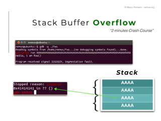 Stack Buffer Overflow
© Marco Romano - nemux.org
“2 minutes Crash Course”
Stack
 