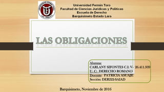 Barquisimeto, Noviembre de 2016
Alumna:
CARLANY SIFONTES C.I: V- 26.411.939
U. C: DERECHO ROMANO
Docente: PATRICIA ASUAJE
Sección: DER222-SAIAD
 