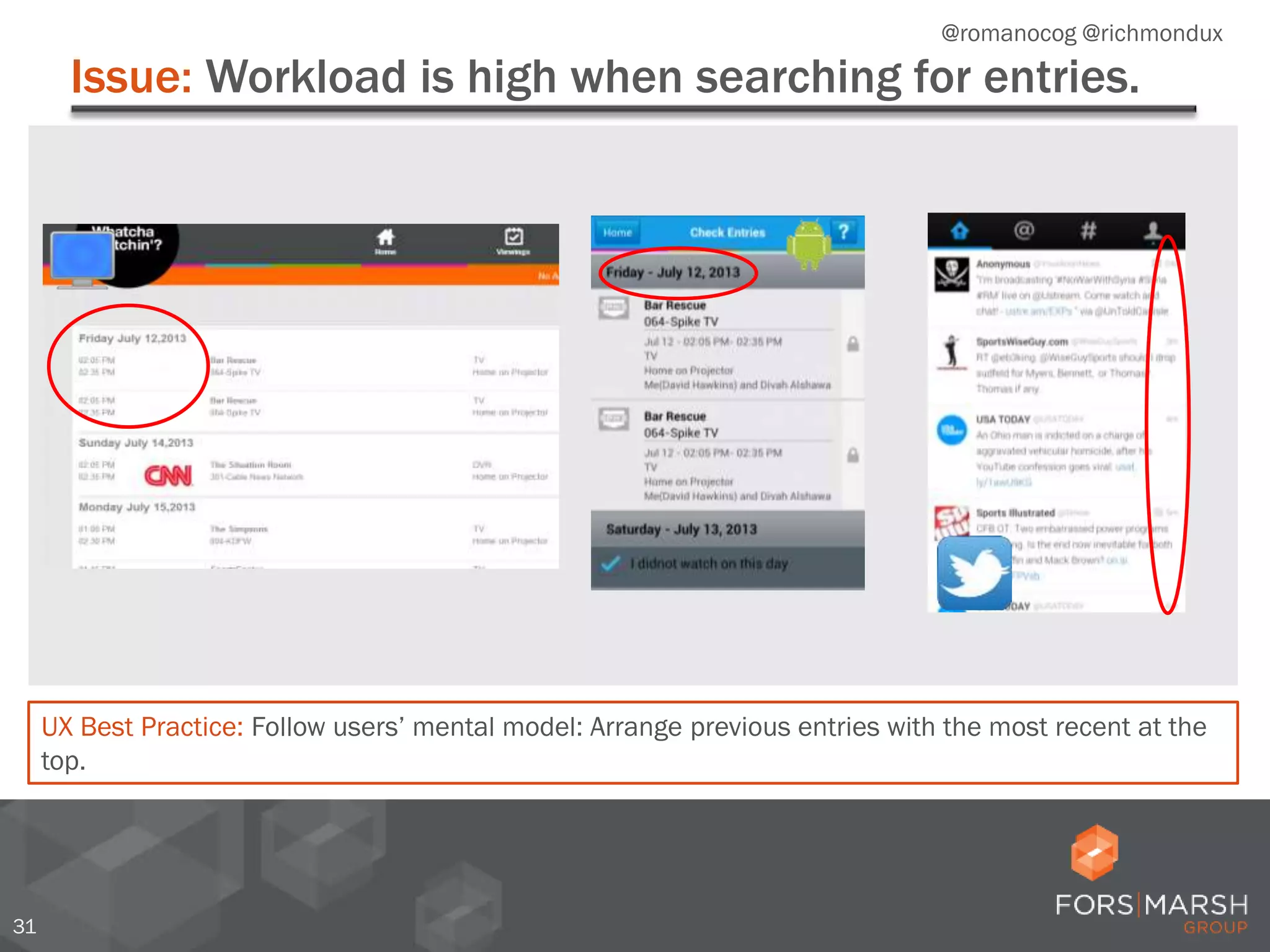 Issue: Workload is high when searching for entries.
31
UX Best Practice: Follow users’ mental model: Arrange previous entries with the most recent at the
top.
@romanocog @richmondux
 