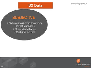 14
SUBJECTIVE
+ Satisfaction & difficulty ratings
+ Verbal responses
+ Moderator follow up
+ Real-time +/- dial
@romanocog @AAPOR
UX Data
 