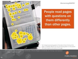 28
@romanocog @AAPOR
Jarrett & Romano Bergstrom (2014). Forms and Surveys. In Romano Bergstrom & Schall (Eds). Eye Tracking in User Experience
Design. Morgan Kaufmann.
People read pages
with questions on
them differently
than other pages.
The F-shaped eye-tracking pattern of the block of text at the top of the
page is completely different from the eye-tracking pattern on the question
and answer spaces at the bottom of the page.
 