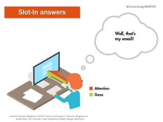 42
@romanocog @AAPOR
Slot-In answers
Jarrett & Romano Bergstrom (2014). Forms and Surveys. In Romano Bergstrom &
Schall (Eds). Eye Tracking in User Experience Design. Morgan Kaufmann.
 