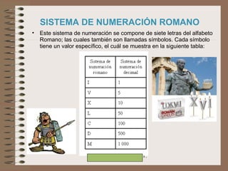 Prof.: Eduardo Larrea Y.
SISTEMA DE NUMERACIÓN ROMANO
• Este sistema de numeración se compone de siete letras del alfabeto
Romano; las cuales también son llamadas símbolos. Cada símbolo
tiene un valor específico, el cuál se muestra en la siguiente tabla:
 