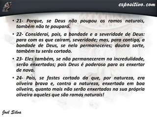 • 21- Porque, se Deus não poupou os ramos naturais,
também não te poupará.
• 22- Considerai, pois, a bondade e a severidade de Deus:
para com os que caíram, severidade; mas, para contigo, a
bondade de Deus, se nela permaneceres; doutra sorte,
também tu serás cortado.
• 23- Eles também, se não permanecerem na incredulidade,
serão enxertados; pois Deus é poderoso para os enxertar
de novo.
• 24- Pois, se fostes cortado da que, por natureza, era
oliveira brava e, contra a natureza, enxertado em boa
oliveira, quanto mais não serão enxertados na sua própria
oliveira aqueles que são ramos naturais!
 
