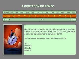 A CONTAGEM DO TEMPO
ANOS 600
SÉCULOS

500
VI

400
V

300
IV

200
III

100
II

0
I

100
I

200
II

300
III

400
IV

500
V

600
VI

d.C.

a. C.

Na era cristã, consideram-se dois períodos: o período
anterior ao nascimento de Cristo (a.C.) e o período
posterior ao nascimento de Cristo (d.C.)
As unidades de tempo mais conhecidas são:
Ano
Década
Século
Milénio

 